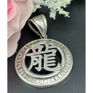 Cool Unisex Round Pendant with Baguette Crystals and Chinese Script Dragon Silve